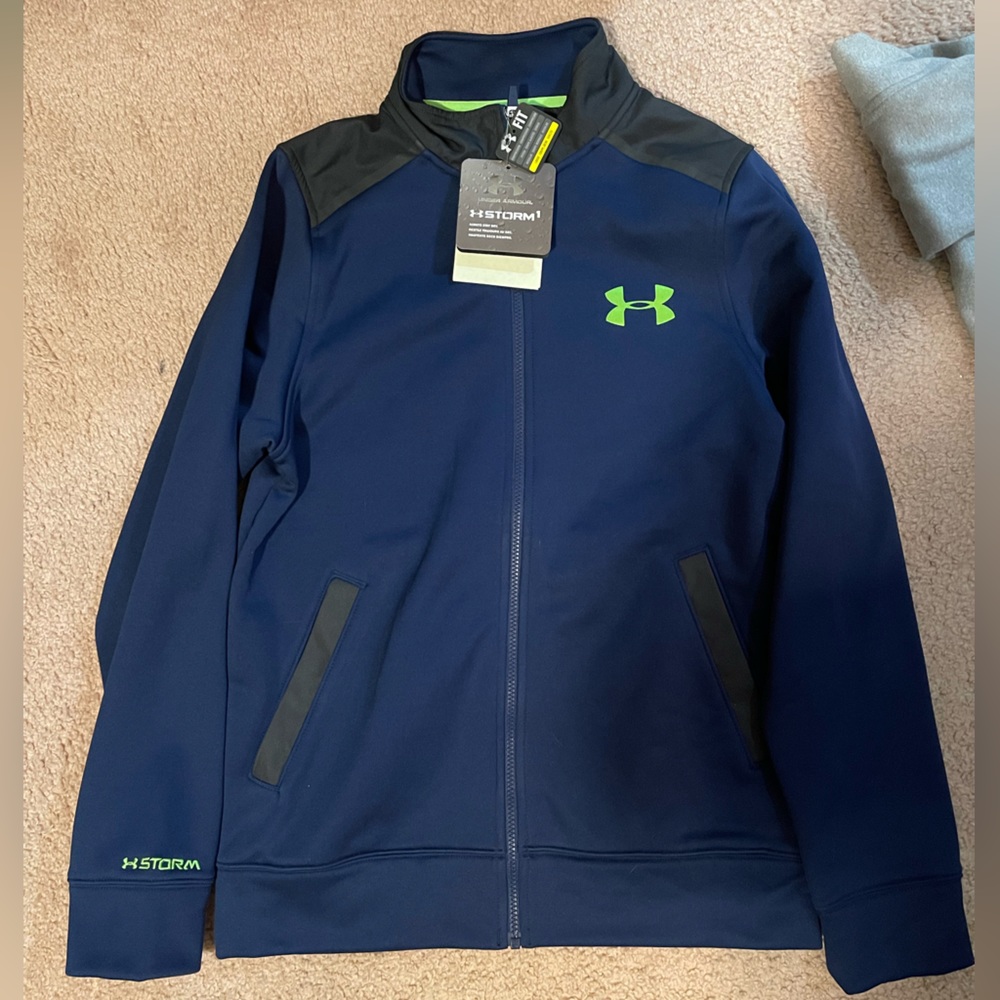 Mens Under Armour Storm Blue Warmup Jacket Loose Fit Water Resistant
Medium Zip